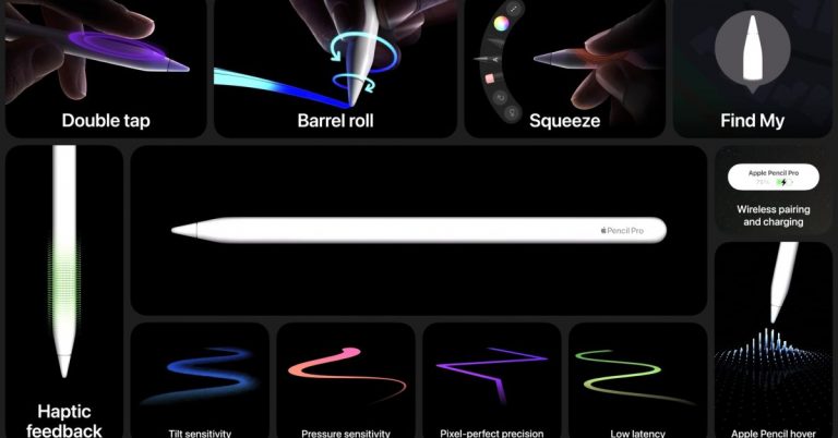 Lancement d’Apple Pencil Pro, avec des pointes échangeables, une gomme, un geste de pression et la prise en charge de FindMy